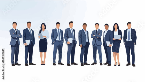 A diverse group of professionals in business attire standing together, showcasing teamwork and corporate unity.