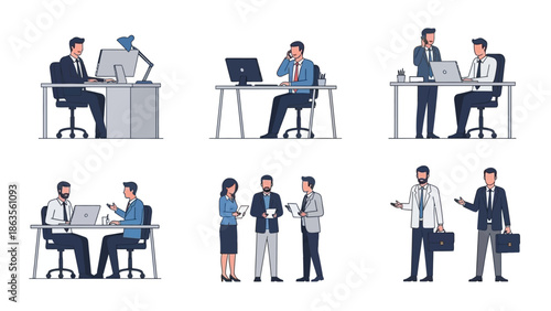Illustrations of business people in various office and meeting scenarios, depicting collaboration and professional interactions.