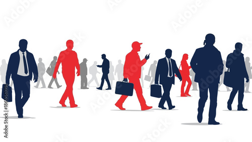 Silhouettes of diverse people in business attire walking in different directions, with some highlighted in red.