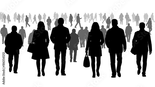 Silhouettes of a diverse crowd of people walking in the same direction, suggesting a collective movement or shared purpose.
