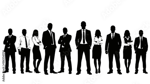 A diverse group of business professionals standing together in a line, showcasing teamwork and corporate unity.