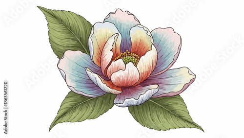 Beautiful blooming magnolia flower with green leaves detailed illustration.