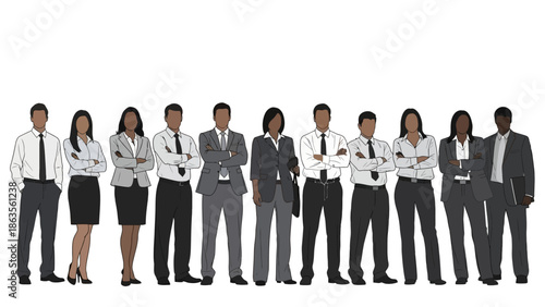 A diverse group of business professionals standing in a line, dressed in formal attire, with arms crossed.