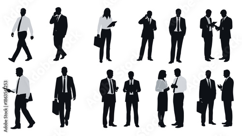 A collection of black and white silhouettes of business people in various poses and interactions.
