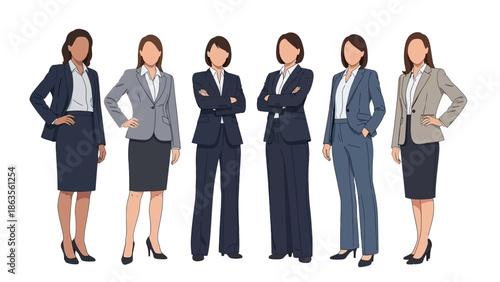 A diverse group of six professional women in business attire standing against a white background.