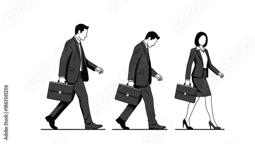 Three business professionals, two men and one woman, walk forward carrying briefcases.