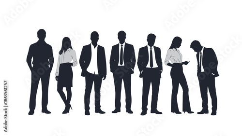 Silhouettes of a diverse group of business professionals standing against a white background.