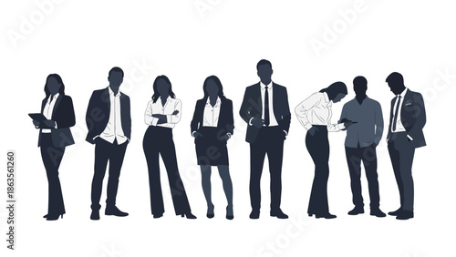 Silhouettes of diverse business professionals standing in a line against a white background.