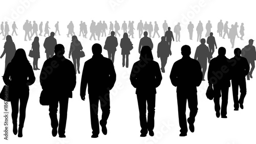 A diverse group of people walking in a crowd, some in silhouette and others faded in the background.