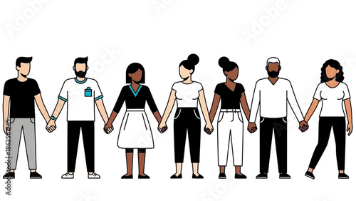 Diverse group of people holding hands in unity, representing diversity and inclusion.