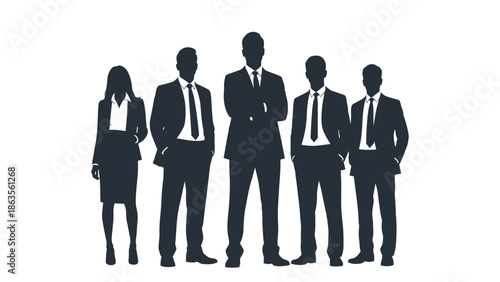A diverse group of five professionals in business attire standing together, symbolizing teamwork and corporate success.