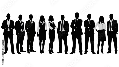 A diverse group of business professionals standing in a line, showcasing a united and professional team.