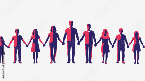 A diverse group of people of varying ages and genders holding hands in a line, symbolizing unity and connection.