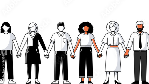 A diverse group of people of different ethnicities and genders holding hands in solidarity.