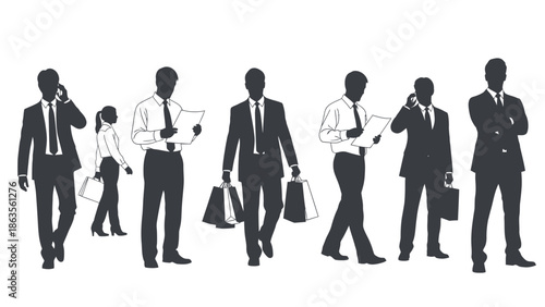 Silhouettes of businessmen in suits walking and holding shopping bags and documents.