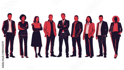 A diverse group of nine professionals standing in a line, dressed in business attire with red accents.