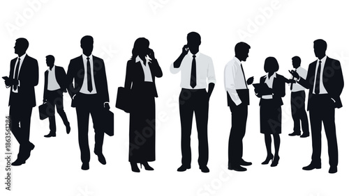 Silhouettes of business people in formal attire engaged in various activities, set against a white background.