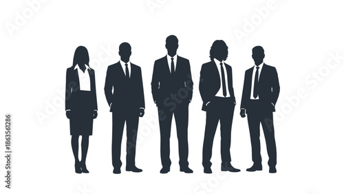 A diverse group of five professionals in silhouette, standing together in a line against a white background.