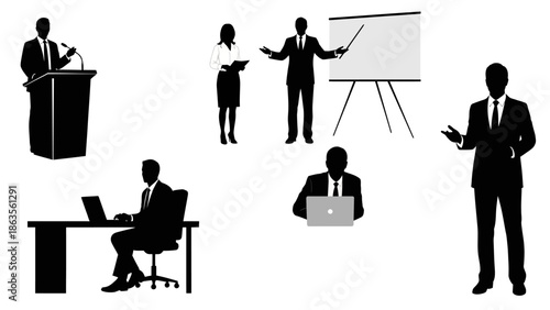 Silhouettes of business professionals engaged in various work-related activities, including presentations, meetings, and individual tasks.