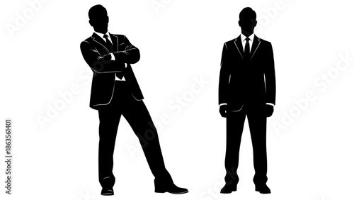 Two silhouetted businessmen in suits, one standing confidently with arms crossed, the other standing straight.
