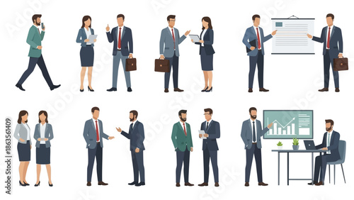 A collection of diverse business professionals engaged in various work-related activities and discussions.