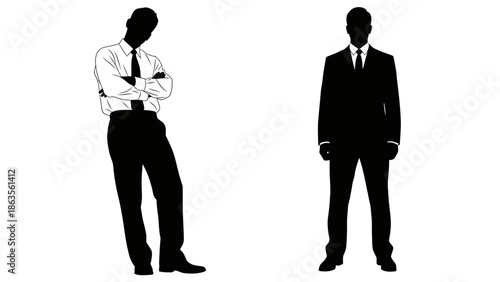 Two silhouetted men in business attire stand against a white background, one leaning with arms crossed and the other standing formally.