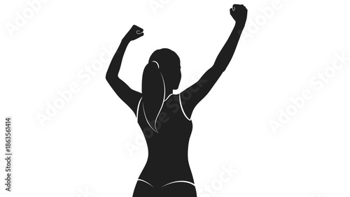 Silhouette of a woman with her arms raised in victory, celebrating success.