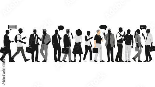 A diverse group of people in silhouette, each engrossed in their smartphones, walking and standing in a line.