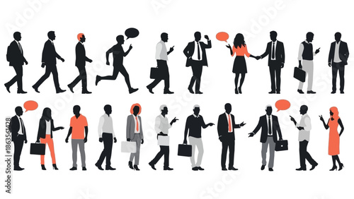 A diverse collection of stylized silhouette figures representing various business and social interactions.