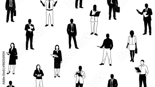 A diverse group of business professionals in silhouette, standing and interacting in a scattered pattern.