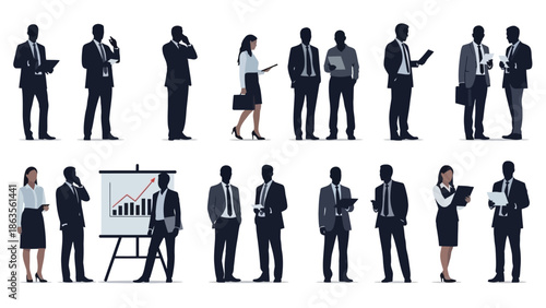Collection of diverse business professionals in silhouette, engaged in various work-related activities and discussions.