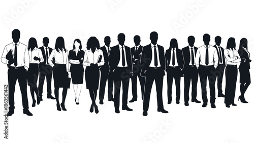 A diverse group of business professionals standing together in a unified formation.