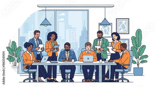 A diverse group of professionals in business attire collaborating around a conference table in a modern office setting.