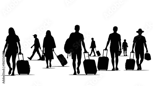 Silhouettes of diverse people walking with luggage, suggesting travel and movement.