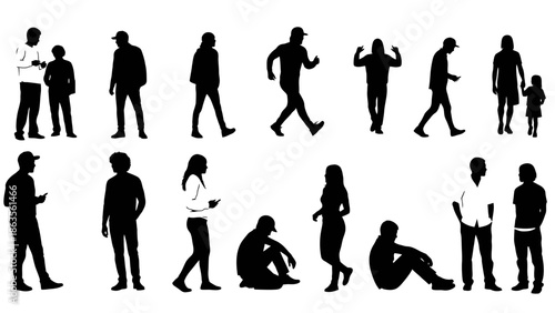 A collection of diverse black silhouettes of people in various poses and activities, set against a white background.