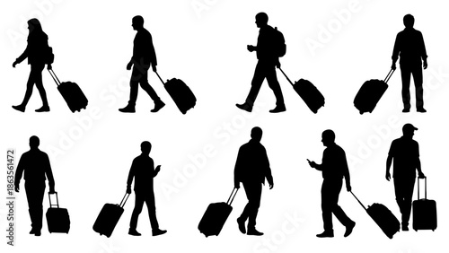 Collection of Silhouettes of People Traveling with Rolling Luggage and Smartphones.