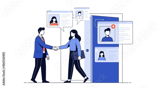 Business people shaking hands in front of a door with candidate profiles displayed on screens, symbolizing recruitment and hiring.