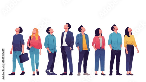 A diverse group of young adults standing and looking upwards against a white background.