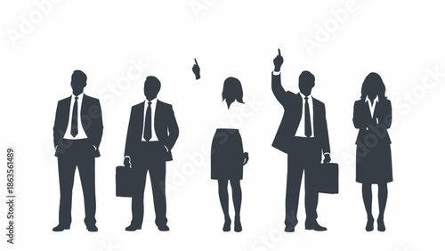 Silhouettes of business professionals standing together, some pointing upwards, representing teamwork and ideas.