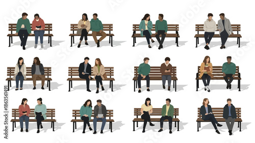 A collection of diverse groups of people sitting on park benches, depicted in a flat, illustrative style.