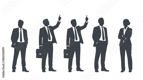 Silhouettes of five business professionals standing in a row, with three pointing upwards, against a white background.