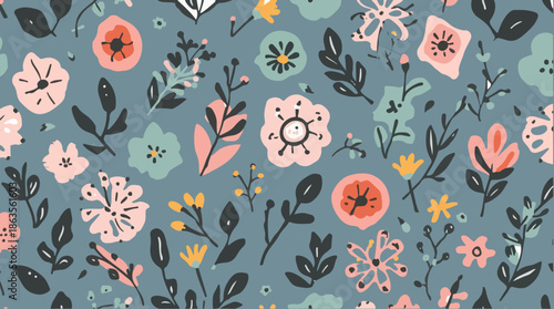 Vector illustration featuring a spring element pattern with a flat design style, incorporating a vibrant color palette with pastel hues of soft pink, baby blue
