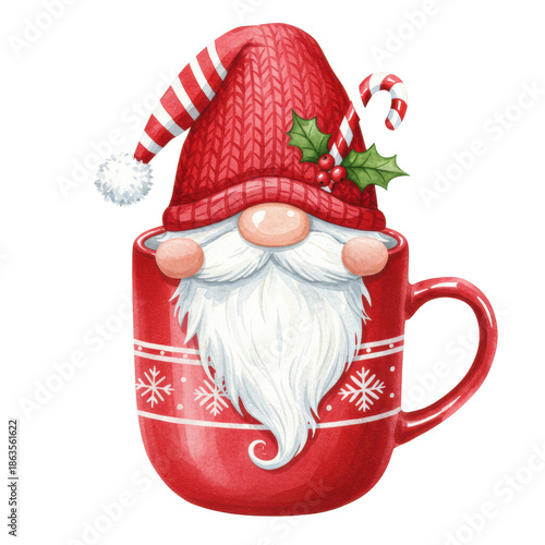A whimsical watercolor christmas gnome illustration with a flowing white beard, peeking from a snowflake-patterned ceramic red mug on a transparent background. Concept for winter holiday illustration