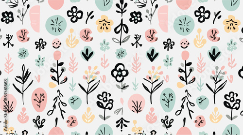 Vector illustration featuring a spring element pattern with a flat design style, incorporating a vibrant color palette with pastel hues of soft pink, baby blue
