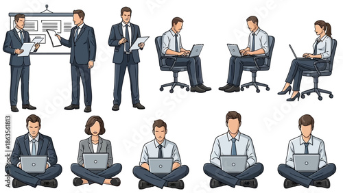 A collection of diverse business professionals engaged in various work-related activities, including presentations, meetings, and individual computer tasks.