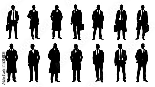 A collection of silhouette illustrations of businessmen in formal attire, standing in various poses.
