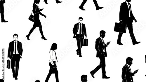 A black and white illustration depicting a pattern of silhouetted business people walking in various directions, some looking at their phones.