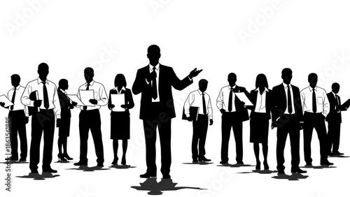 A group of business professionals in silhouette, with a leader speaking to the crowd.