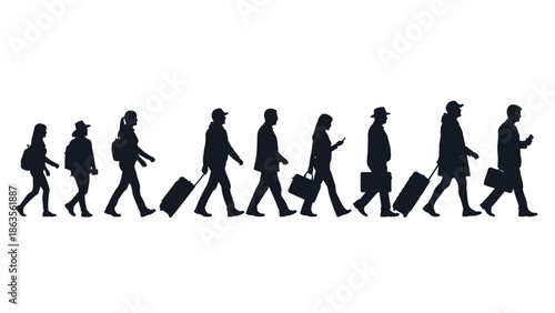 Silhouettes of diverse people walking in a line, some with luggage, suggesting travel or a journey.