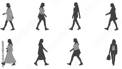 Collection of eight silhouette illustrations of women walking in various casual and professional attire.